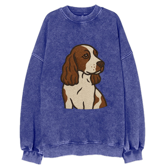 English Cocker Spaniel - Liver and white embroidered design - Vintage Sweatshirt - Blue