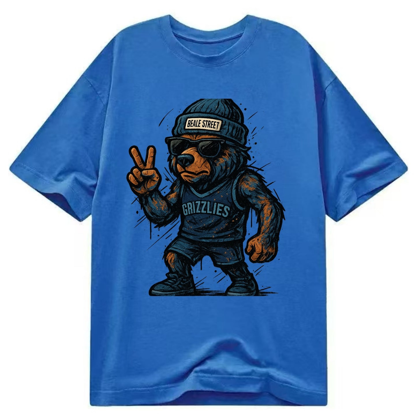 Memphis Grizzly Bear wearing Grizzlies navy and light blue beanie with Beale - Classic T-shirt - Blue