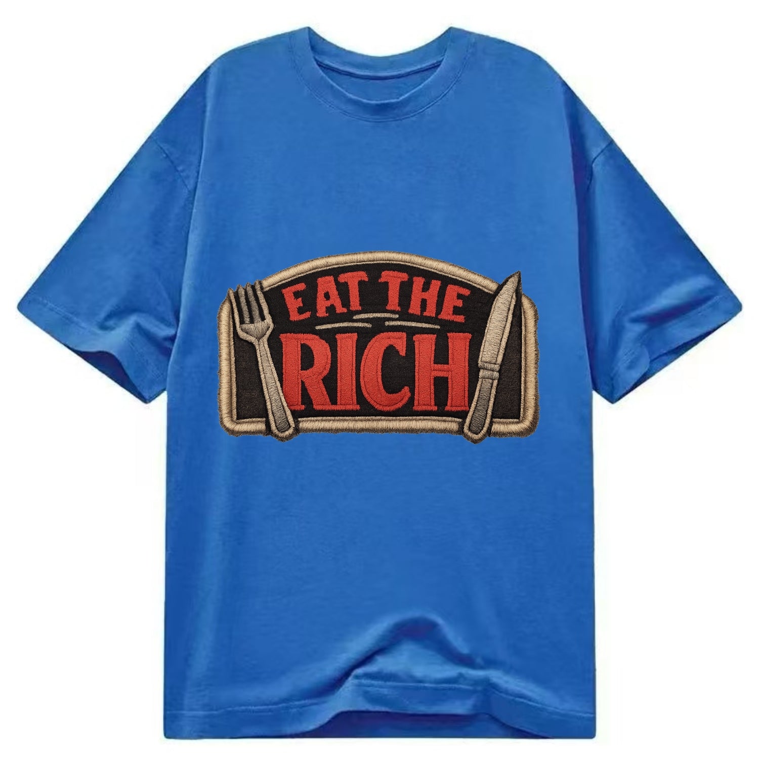 EAT THE RICH - fork and knife with text in red and silver , class war - Classic T-shirt - Blue