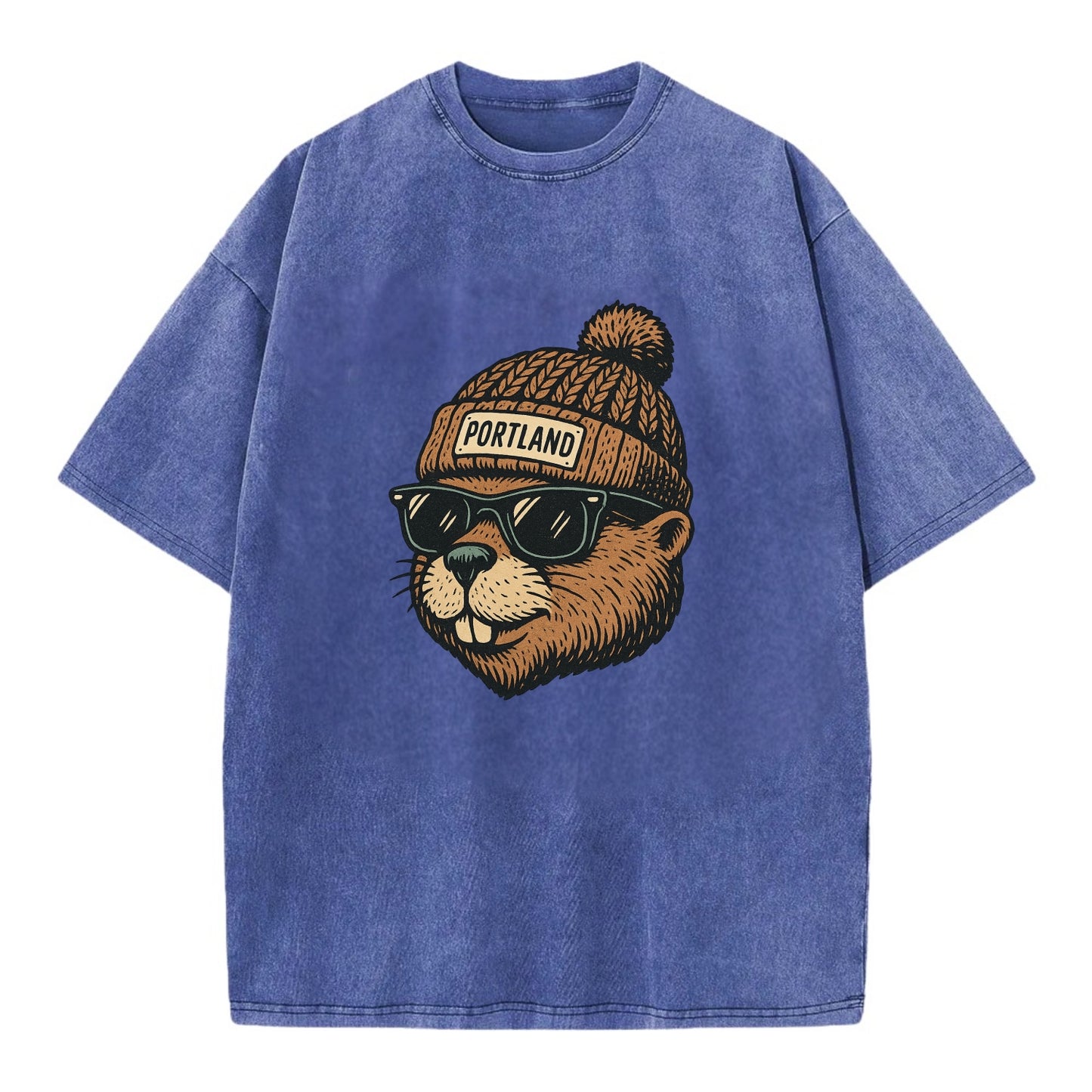 Portland Beaver wearing Portland beanie with pom pom and wayfarer sunglasses - Vintage T-shirt - Blue