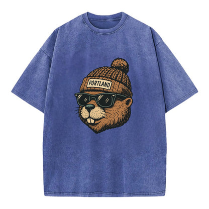 Portland Beaver wearing Portland beanie with pom pom and wayfarer sunglasses - Vintage T-shirt - Blue