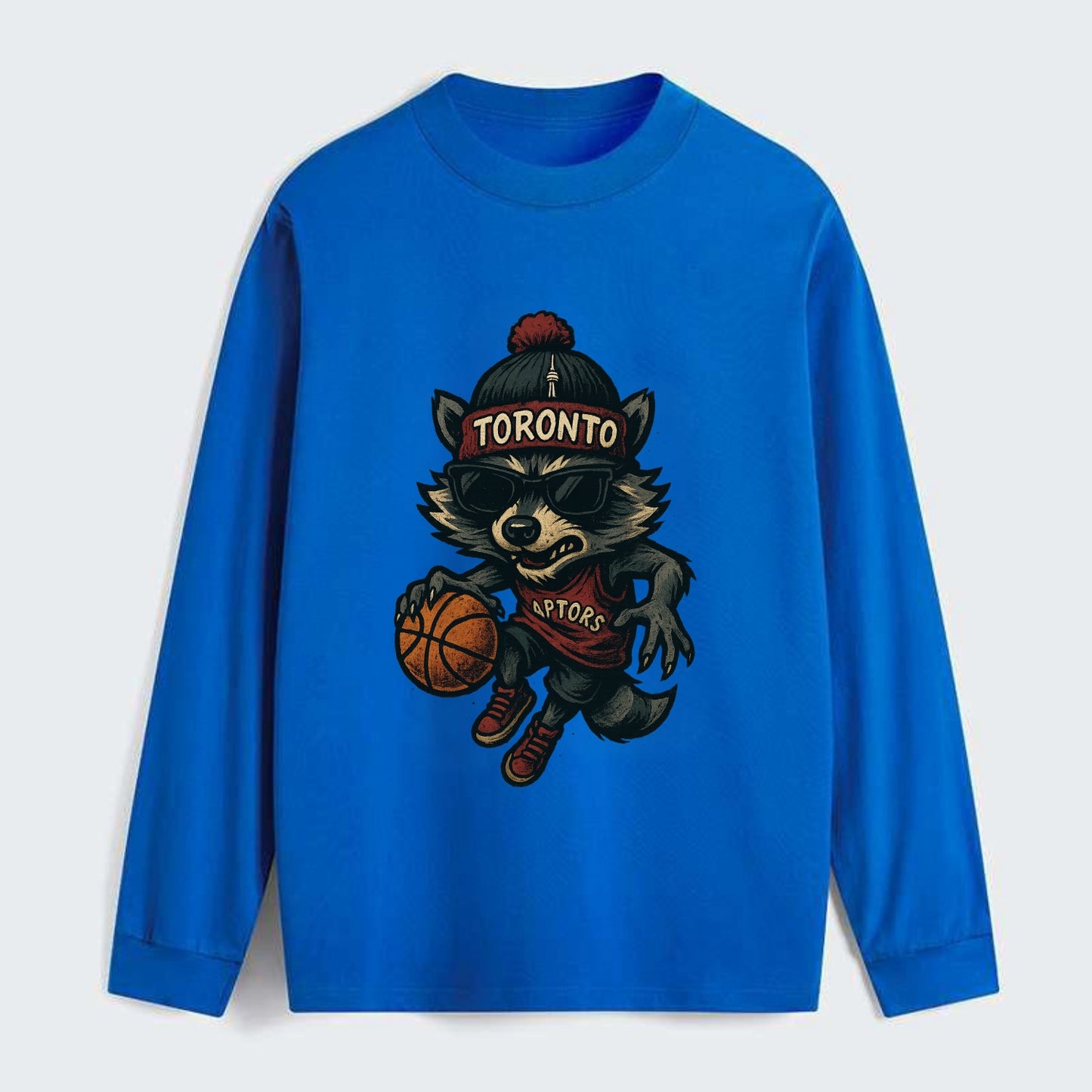 Toronto Raccoon wearing Raptors beanie with CN Tower patch and wayfarer - Classic Long Sleeve Shirt - Blue