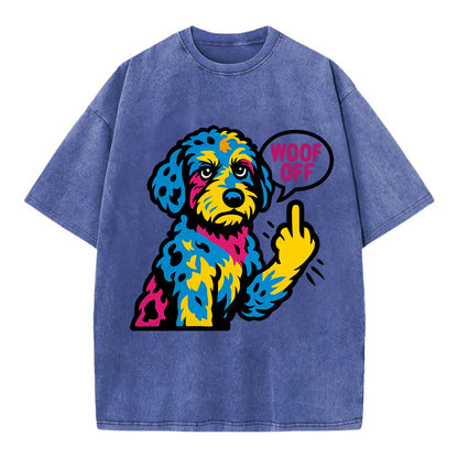 Aussiedoodle with merle patches and curly coat, playful smart paw raised - Vintage T-shirt - Blue
