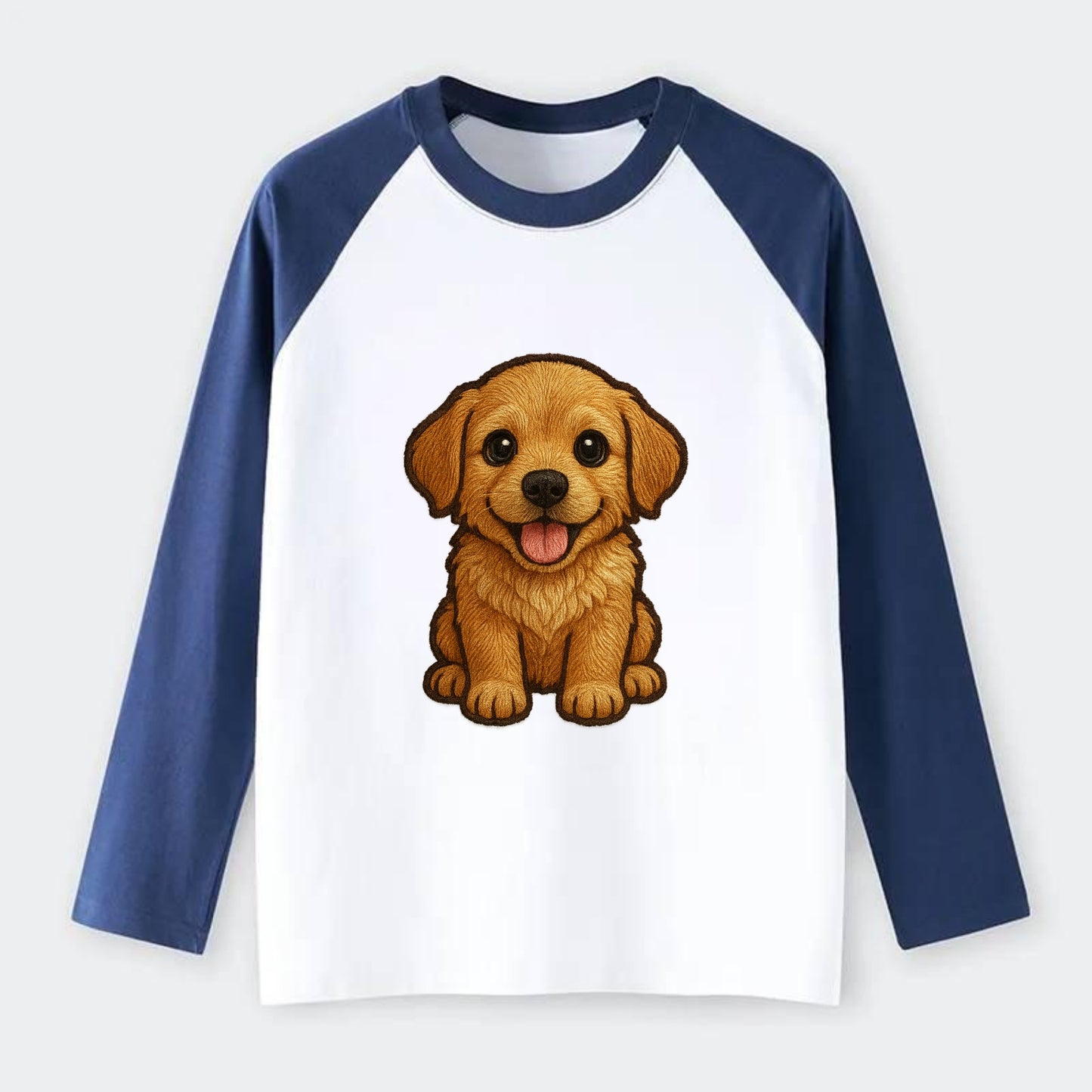 Baby Golden Retriever Puppy - fluffy golden fur, big brown eyes, pink - Raglan Long Sleeve T-Shirt - Blue