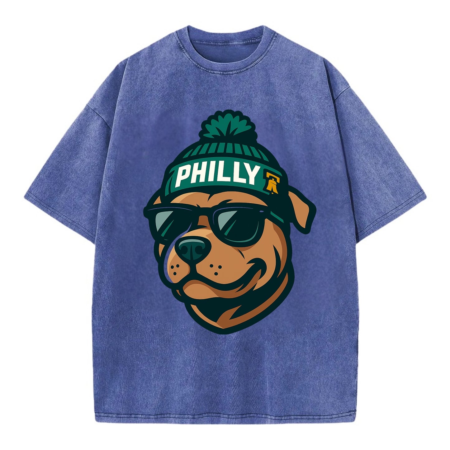 Philly Pitbull wearing Eagles beanie with Liberty Bell patch and wayfarer - Vintage T-shirt - Blue