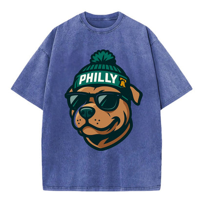 Philly Pitbull wearing Eagles beanie with Liberty Bell patch and wayfarer - Vintage T-shirt - Blue