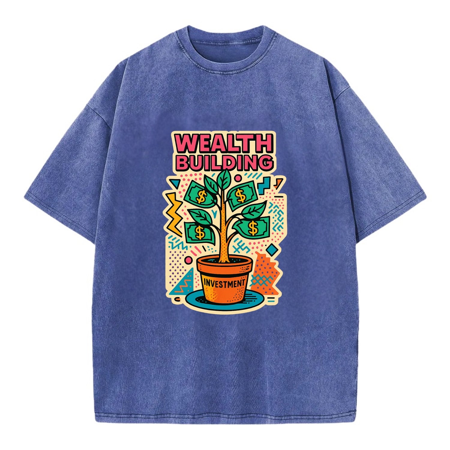 Money tree growing from investment pot - financial independence journey, wealth - Vintage T-shirt - Blue