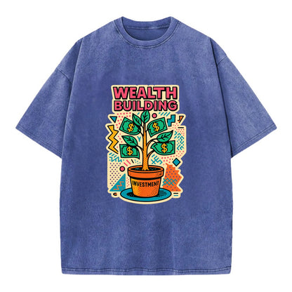 Money tree growing from investment pot - financial independence journey, wealth - Vintage T-shirt - Blue