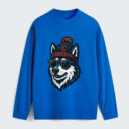 Storrs Husky wearing UConn beanie with C patch - Classic Long Sleeve Shirt - Blue