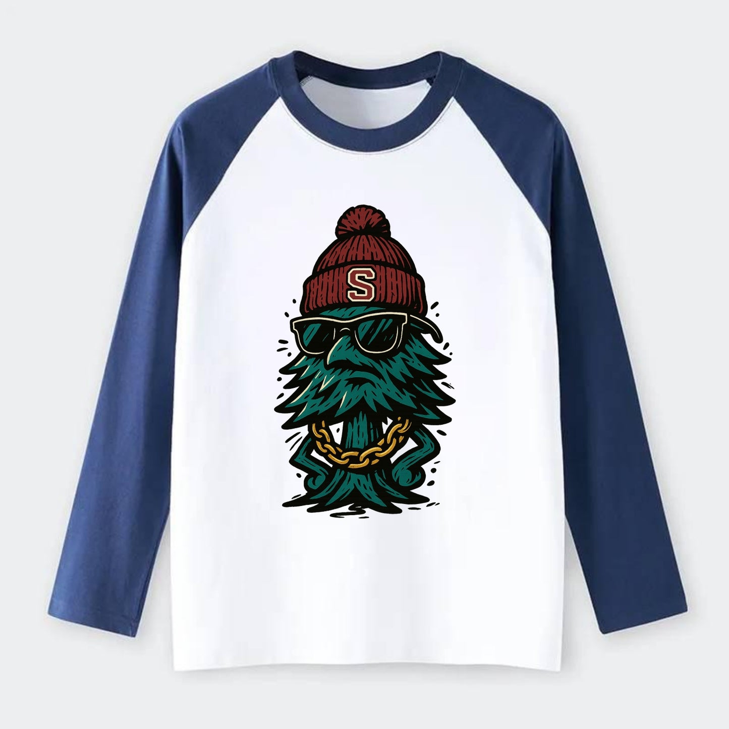 Palo Alto Tree wearing Stanford beanie with S patch - Raglan Long Sleeve T-Shirt - Blue