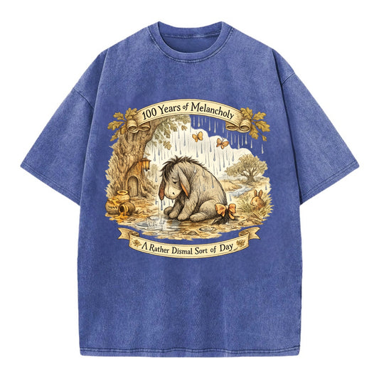 GLOOMY GLEN | Droopy figure in rain | Tattered tail bow | Pessimistic poetry | - Vintage T-shirt - Blue