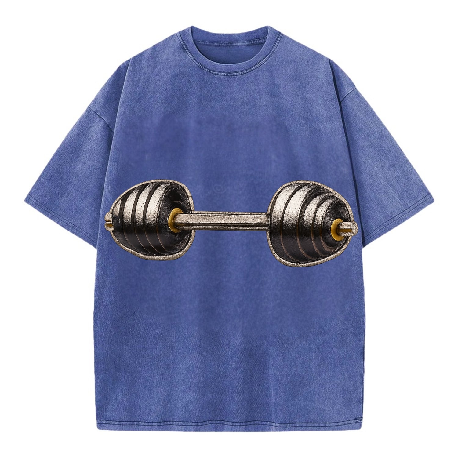 Embroidered patch design - WEIGHTLIFTING BARBELL - heavy barbell with plates in - Vintage T-shirt - Blue