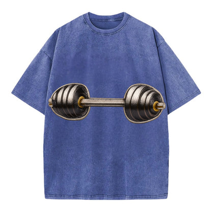 Embroidered patch design - WEIGHTLIFTING BARBELL - heavy barbell with plates in - Vintage T-shirt - Blue