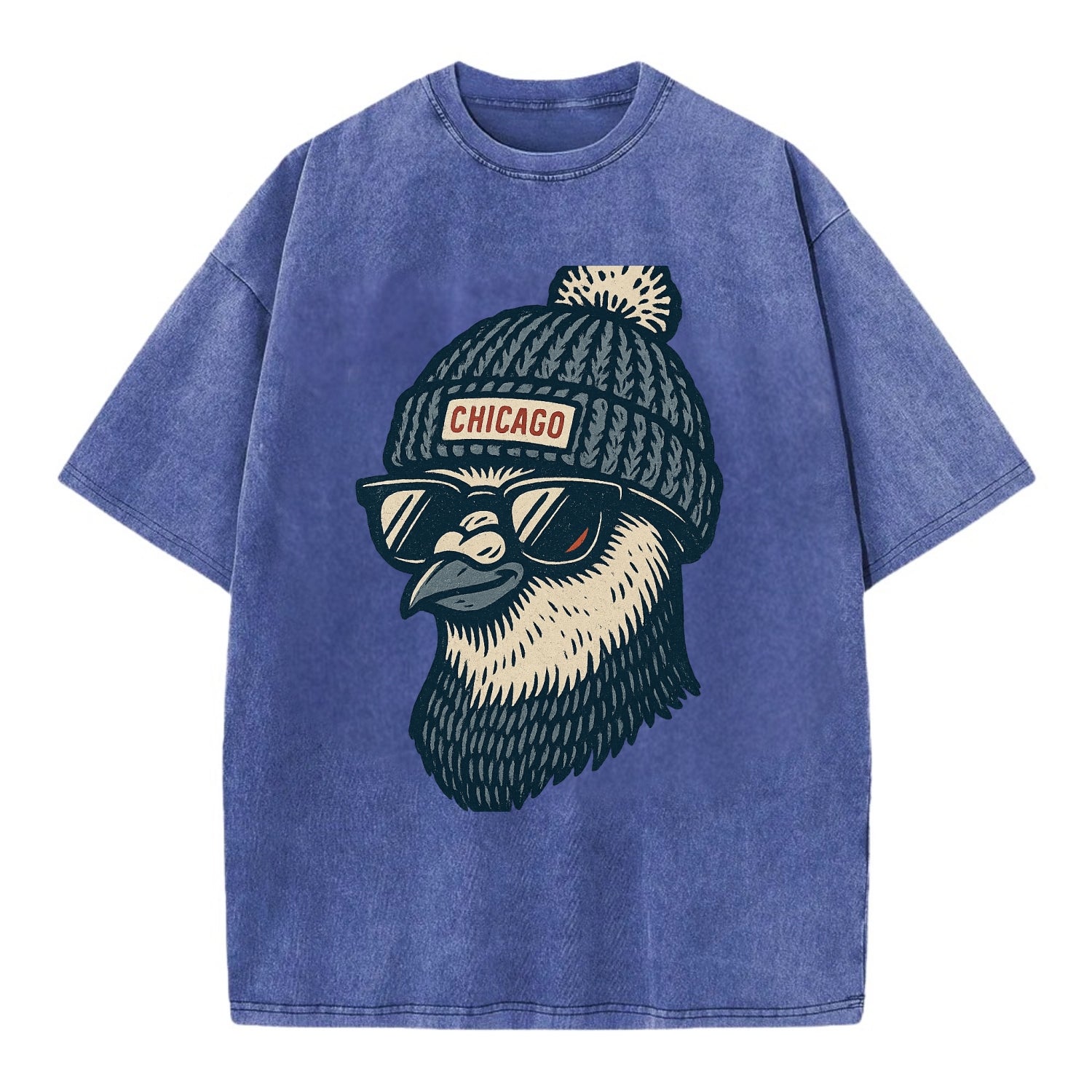 Chicago Pigeon wearing Chicago beanie with pom pom and wayfarer sunglasses - Vintage T-shirt - Blue