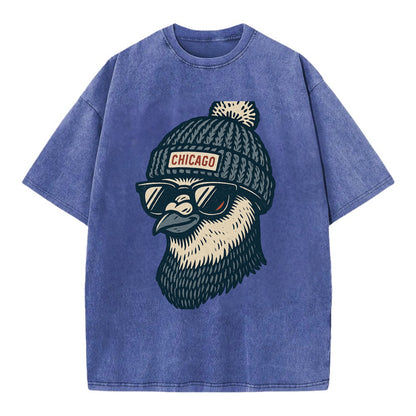 Chicago Pigeon wearing Chicago beanie with pom pom and wayfarer sunglasses - Vintage T-shirt - Blue