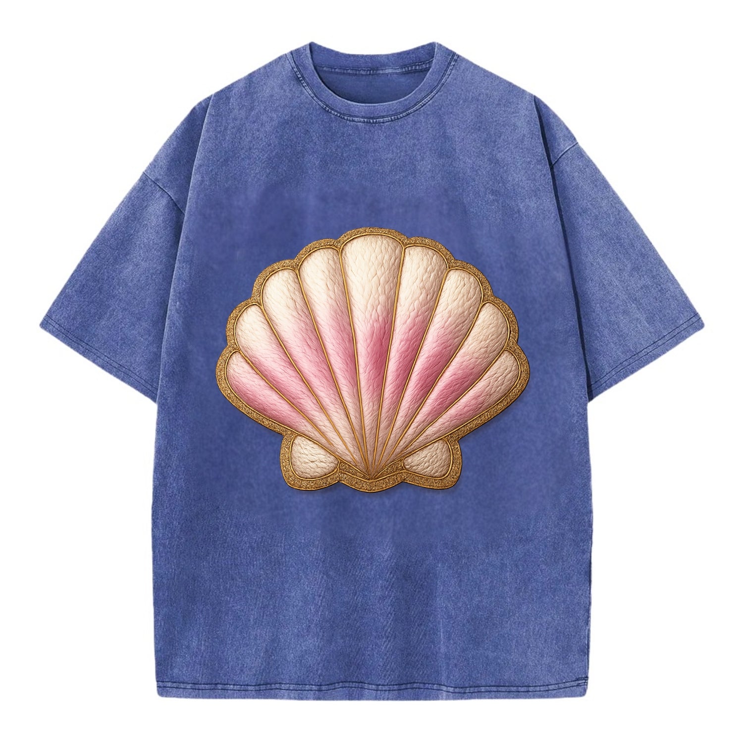 SEASHELL SCALLOP - scallop shell in cream and pink , beach - Vintage T-shirt - Blue