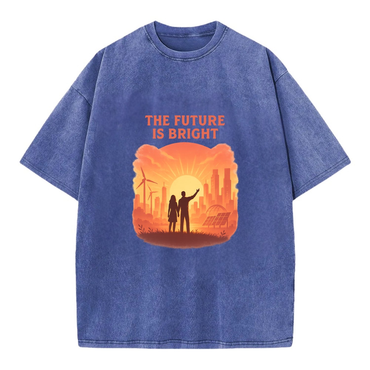Sunrise over thriving sustainable city - "The Future is Bright" - optimistic - Vintage T-shirt - Blue