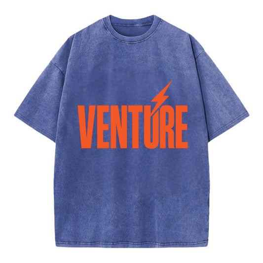 Bold typography design - "VENTURE" - taking risks, bold exploration - Vintage T-shirt - Blue