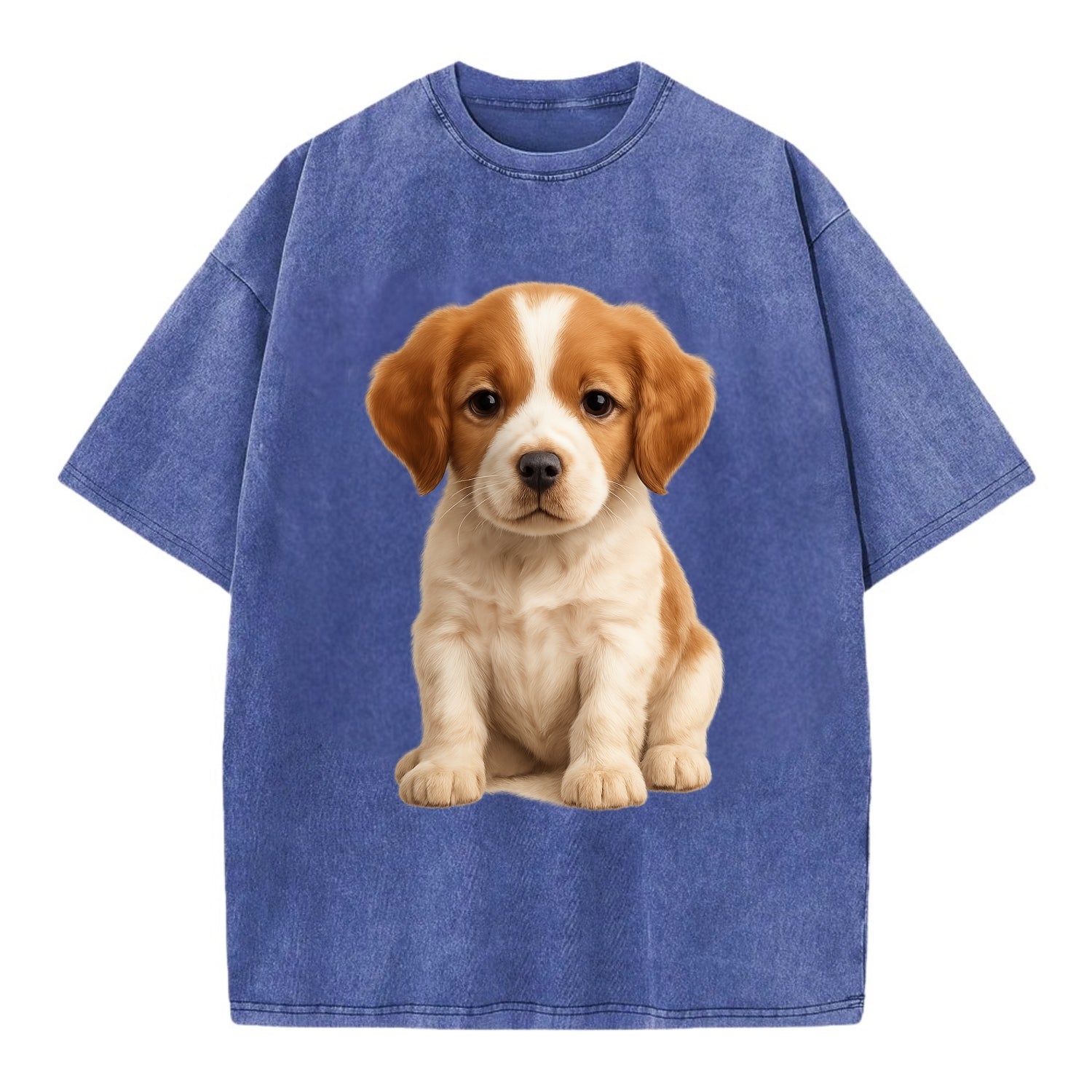Baby Brittany Puppy - orange and white, compact, bright eyes, feathered, - Vintage T-shirt - Blue