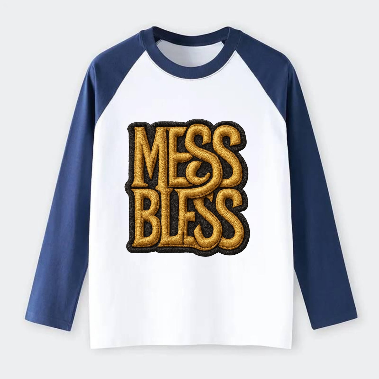 MESS;BLESS UP Gold Metallic Visor - Raglan Long Sleeve T-Shirt - Blue