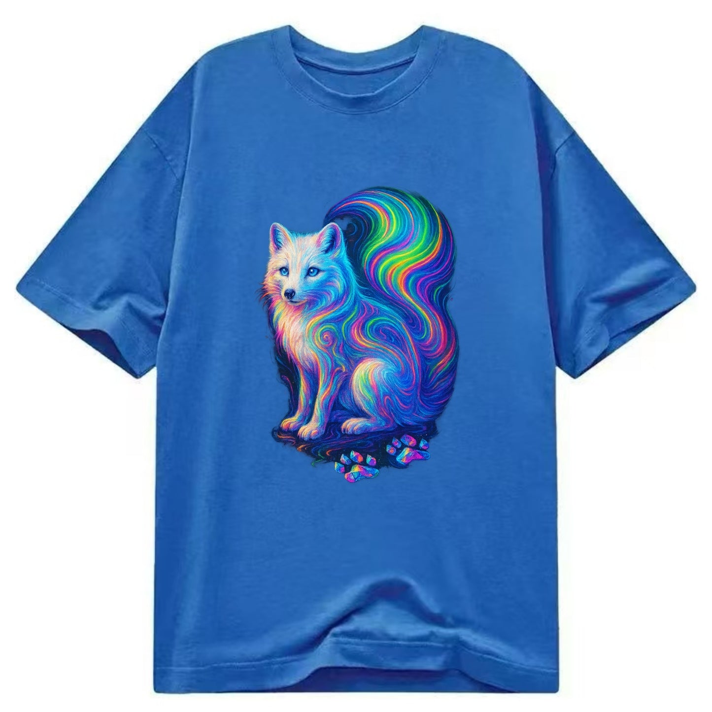 Graceful arctic fox with tail streaming aurora colors, white fur with prismatic - Classic T-shirt - Blue