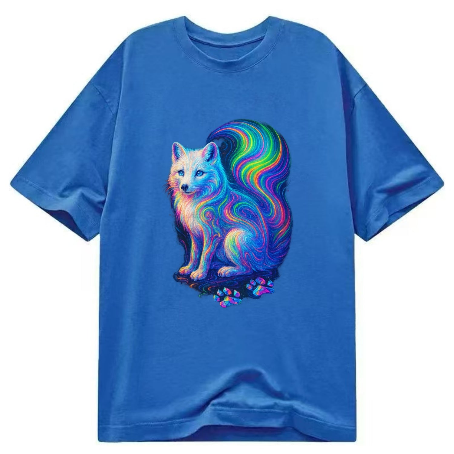Graceful arctic fox with tail streaming aurora colors, white fur with prismatic - Classic T-shirt - Blue