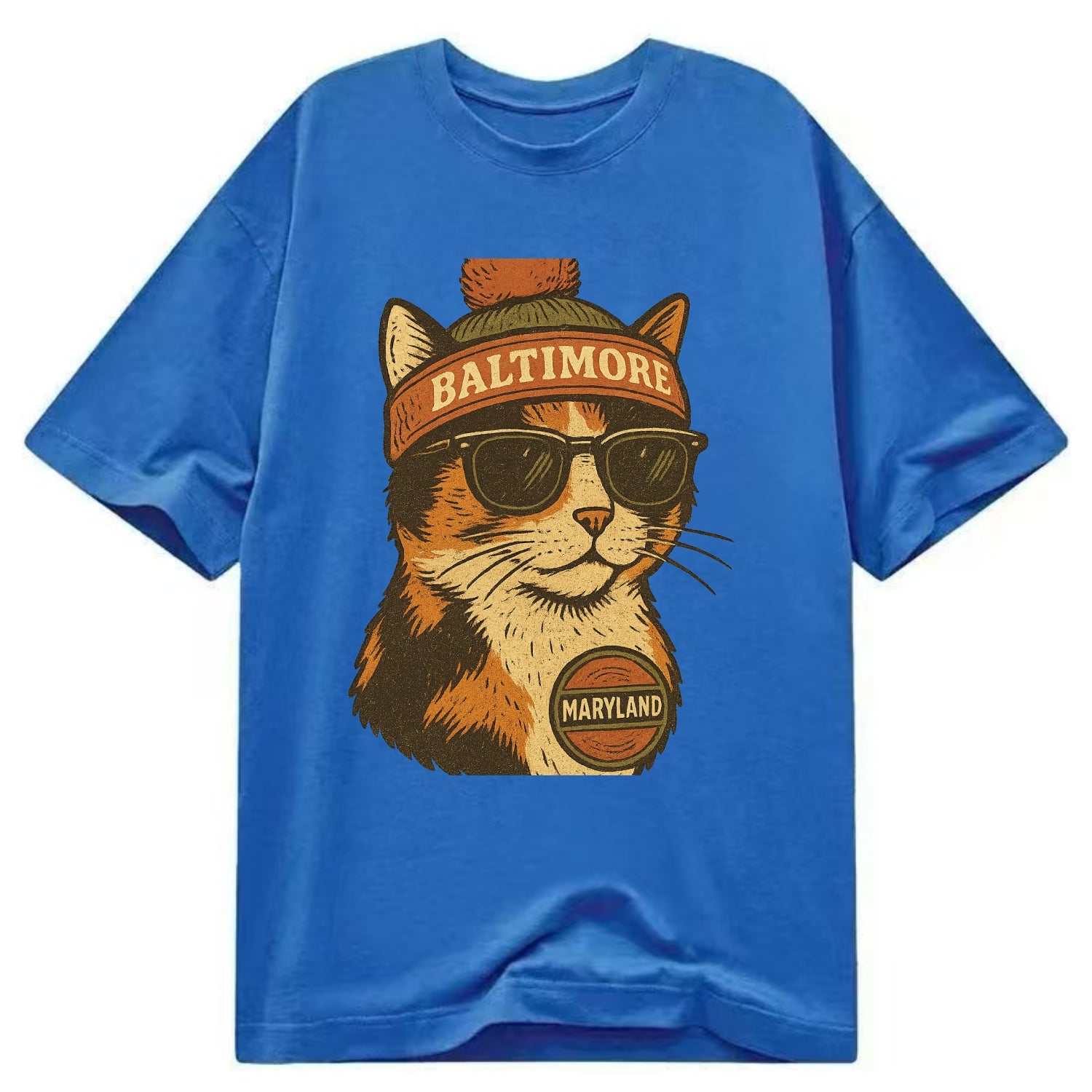 Maryland Calico Cat wearing Baltimore beanie with pom pom and wayfarer sunglasses - Classic T-shirt - Blue