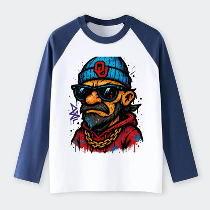 Norman Sooner wearing Oklahoma beanie with OU patch - Raglan Long Sleeve T-Shirt - Blue