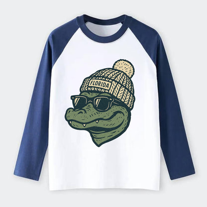 Gainesville Gator wearing Florida beanie - Raglan Long Sleeve T-Shirt - Blue
