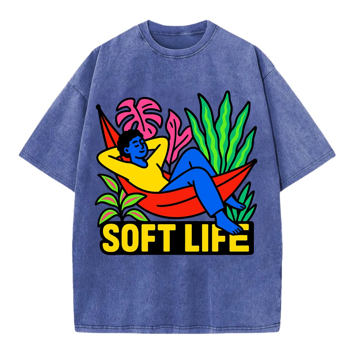 Person relaxing in hammock with plants - "soft life" aesthetic, peaceful living - Vintage T-shirt - Blue
