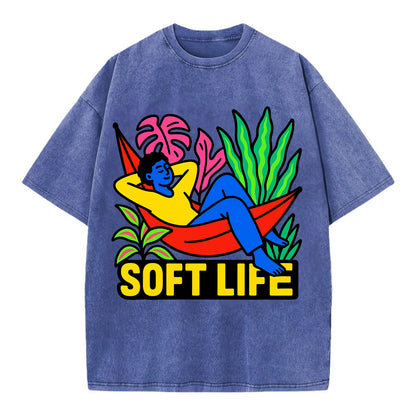 Person relaxing in hammock with plants - "soft life" aesthetic, peaceful living - Vintage T-shirt - Blue