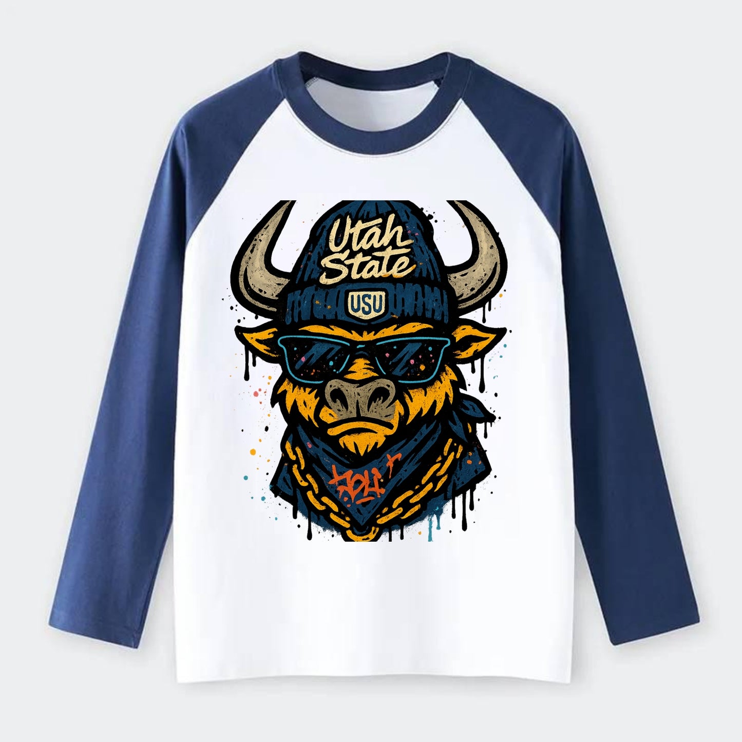 Logan Aggie wearing Utah State beanie with USU patch - Raglan Long Sleeve T-Shirt - Blue