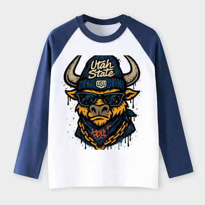 Logan Aggie wearing Utah State beanie with USU patch - Raglan Long Sleeve T-Shirt - Blue