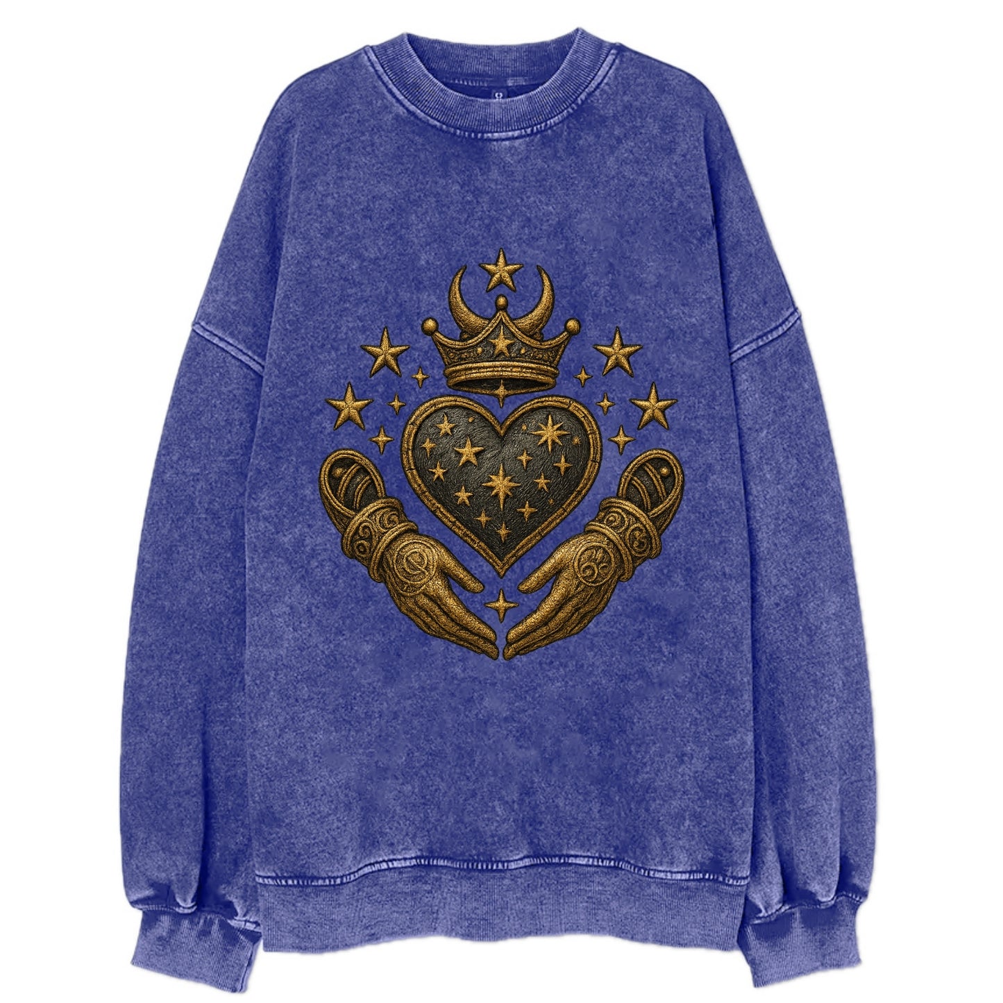 Weathered antique brass crown above a hammered gunmetal heart framed by - Vintage Sweatshirt - Blue