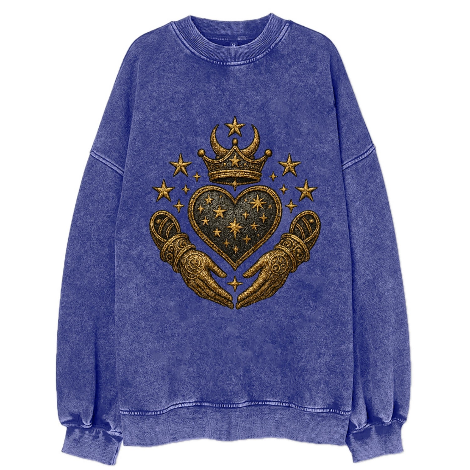 Weathered antique brass crown above a hammered gunmetal heart framed by - Vintage Sweatshirt - Blue
