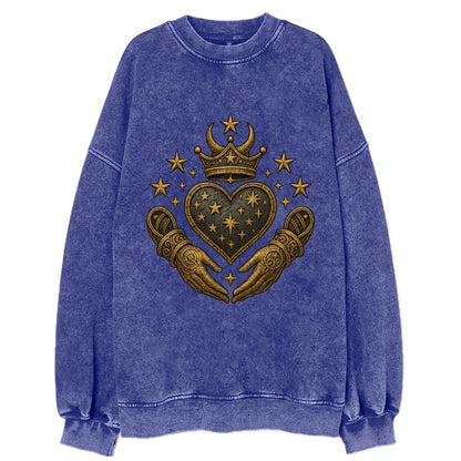 Weathered antique brass crown above a hammered gunmetal heart framed by - Vintage Sweatshirt - Blue