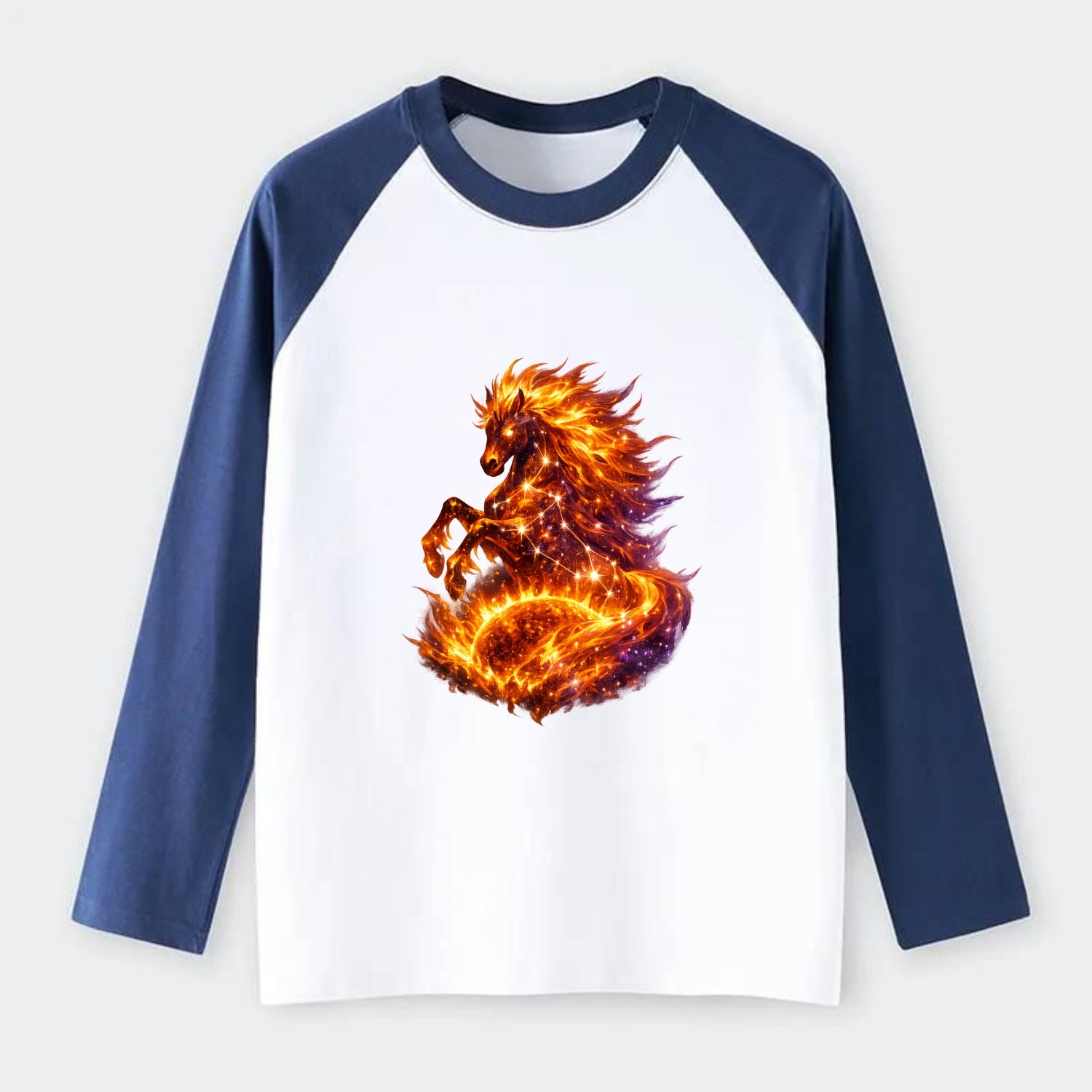 SOLAR FLARE | Horse emerging from the sun | Solar corona mane | Star - Raglan Long Sleeve T-Shirt - Blue