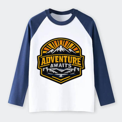 ADVENTURE AWAITS - mountain sunrise with text in gold and blue , - Raglan Long Sleeve T-Shirt - Blue