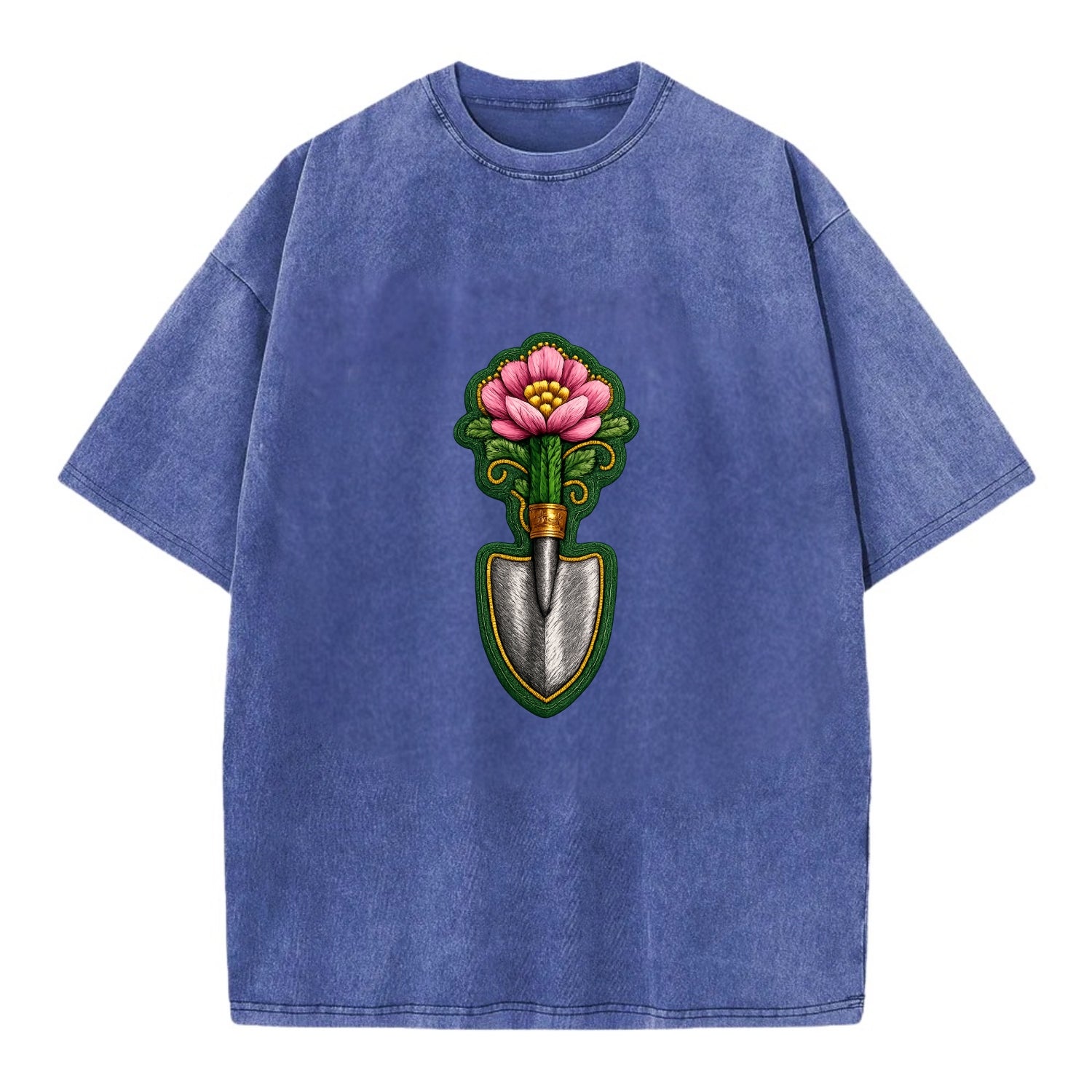 Embroidered patch design - GARDENING TROWEL FLOWER - garden tool with blooming - Vintage T-shirt - Blue