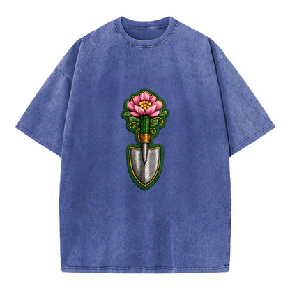 Embroidered patch design - GARDENING TROWEL FLOWER - garden tool with blooming - Vintage T-shirt - Blue
