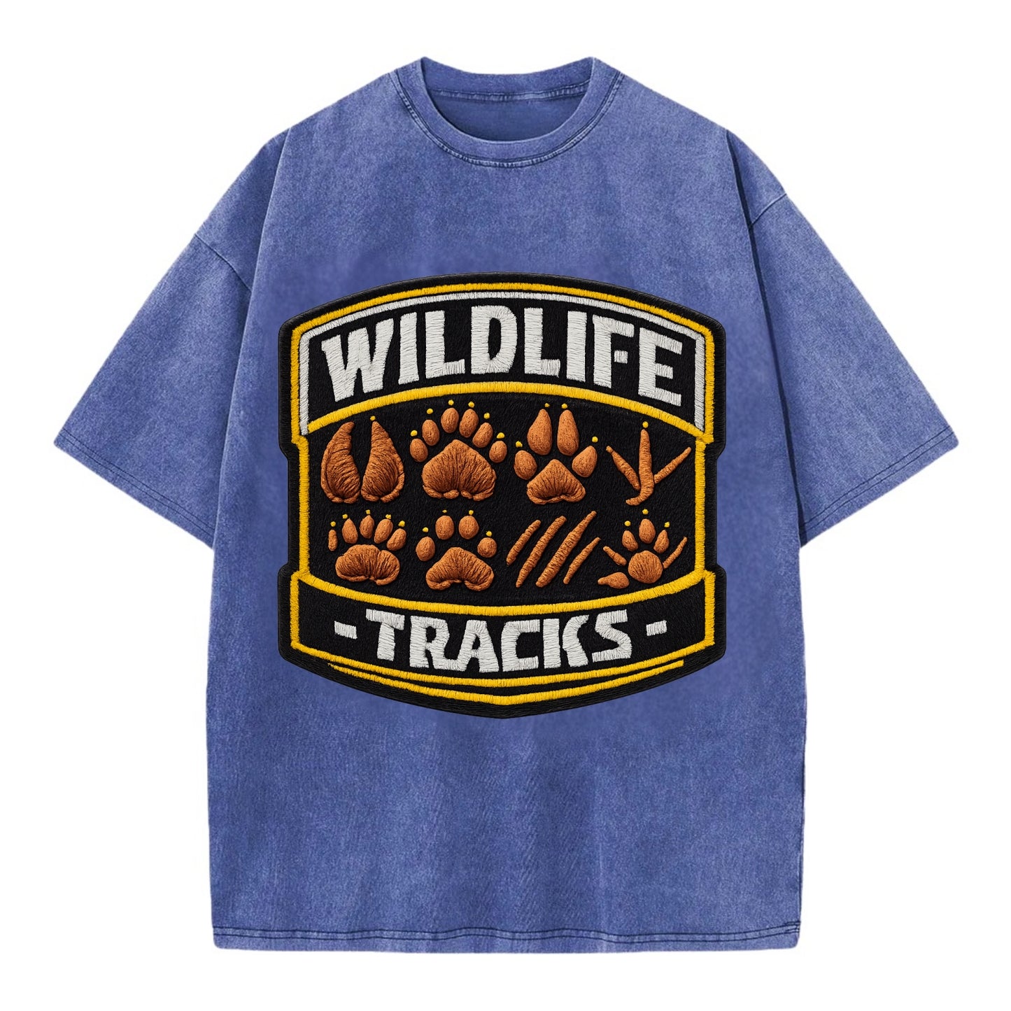WILDLIFE TRACKS - animal footprints in brown , tracker - Vintage T-shirt - Blue