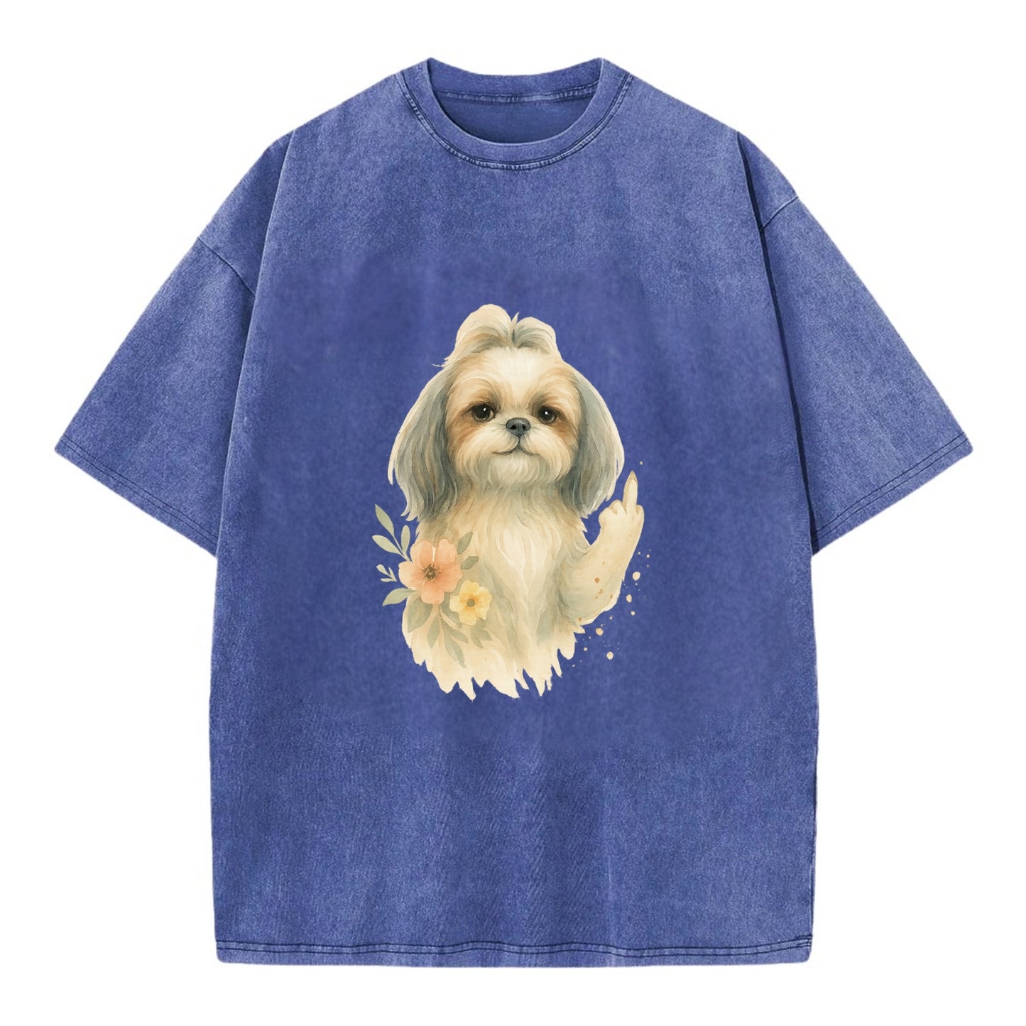 Shih Tzu with long flowing silky hair, tiny paw showing attitude - Vintage T-shirt - Blue