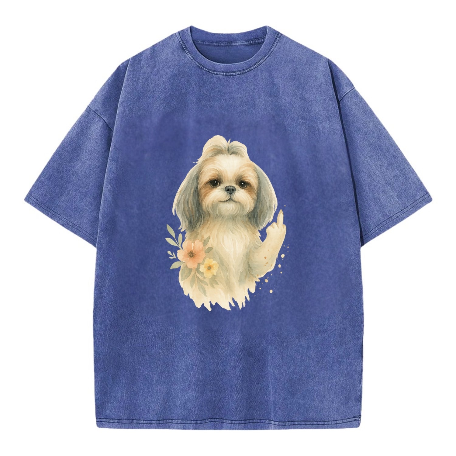 Shih Tzu with long flowing silky hair, tiny paw showing attitude - Vintage T-shirt - Blue