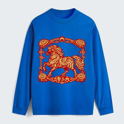 HORSE | Silk style horse design | Gold and silver thread appearance | - Classic Long Sleeve Shirt - Blue