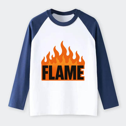 Bold typography design - "FLAME" - burning bright, passionate - Raglan Long Sleeve T-Shirt - Blue