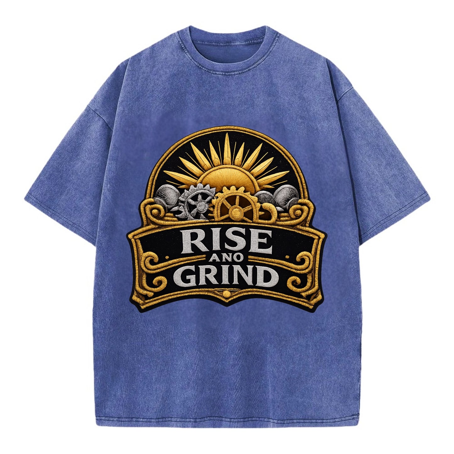 RISE AND GRIND - sun with gears in gold , morning motivation - Vintage T-shirt - Blue