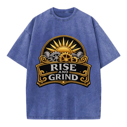RISE AND GRIND - sun with gears in gold , morning motivation - Vintage T-shirt - Blue