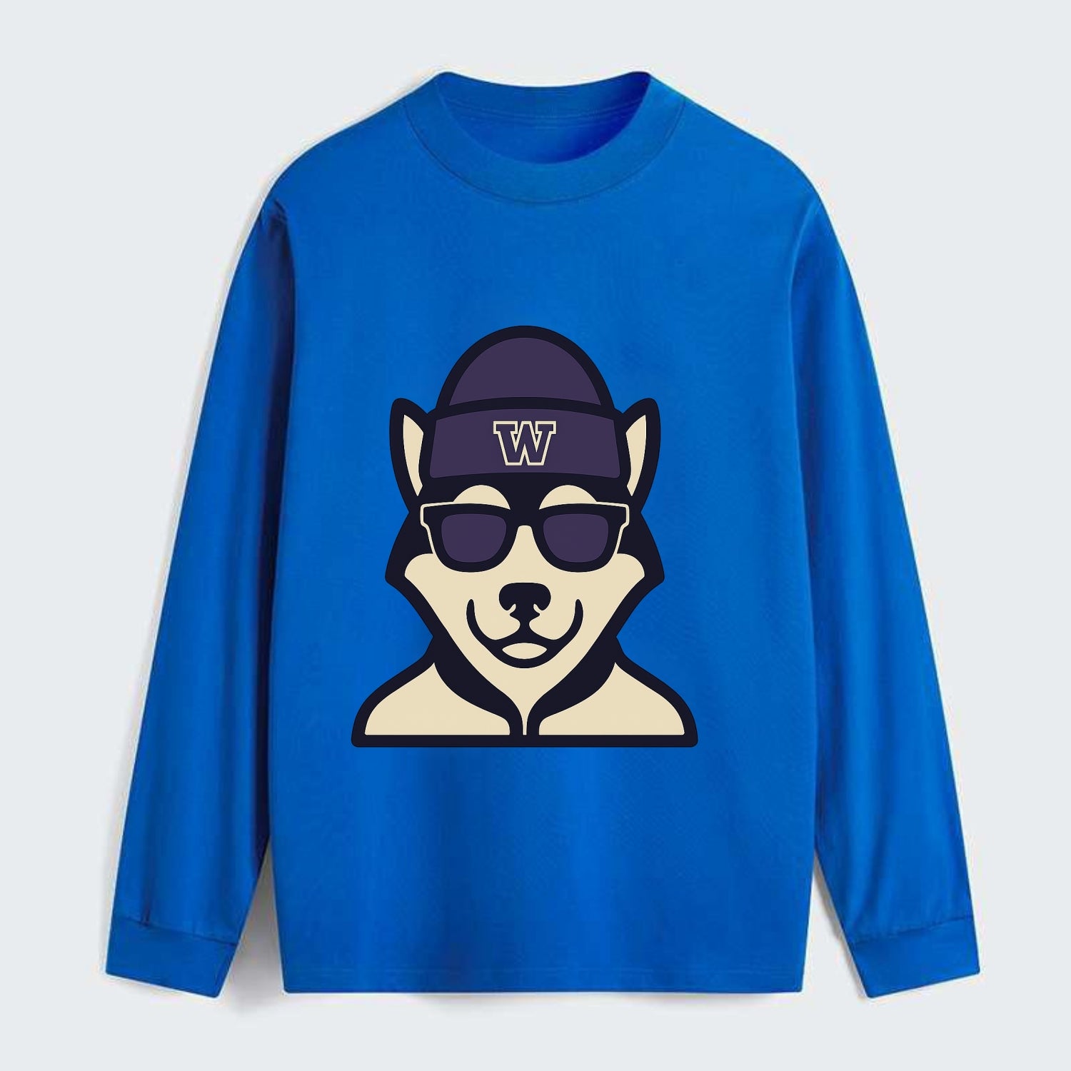 Seattle Husky wearing Washington beanie with W patch - Classic Long Sleeve Shirt - Blue