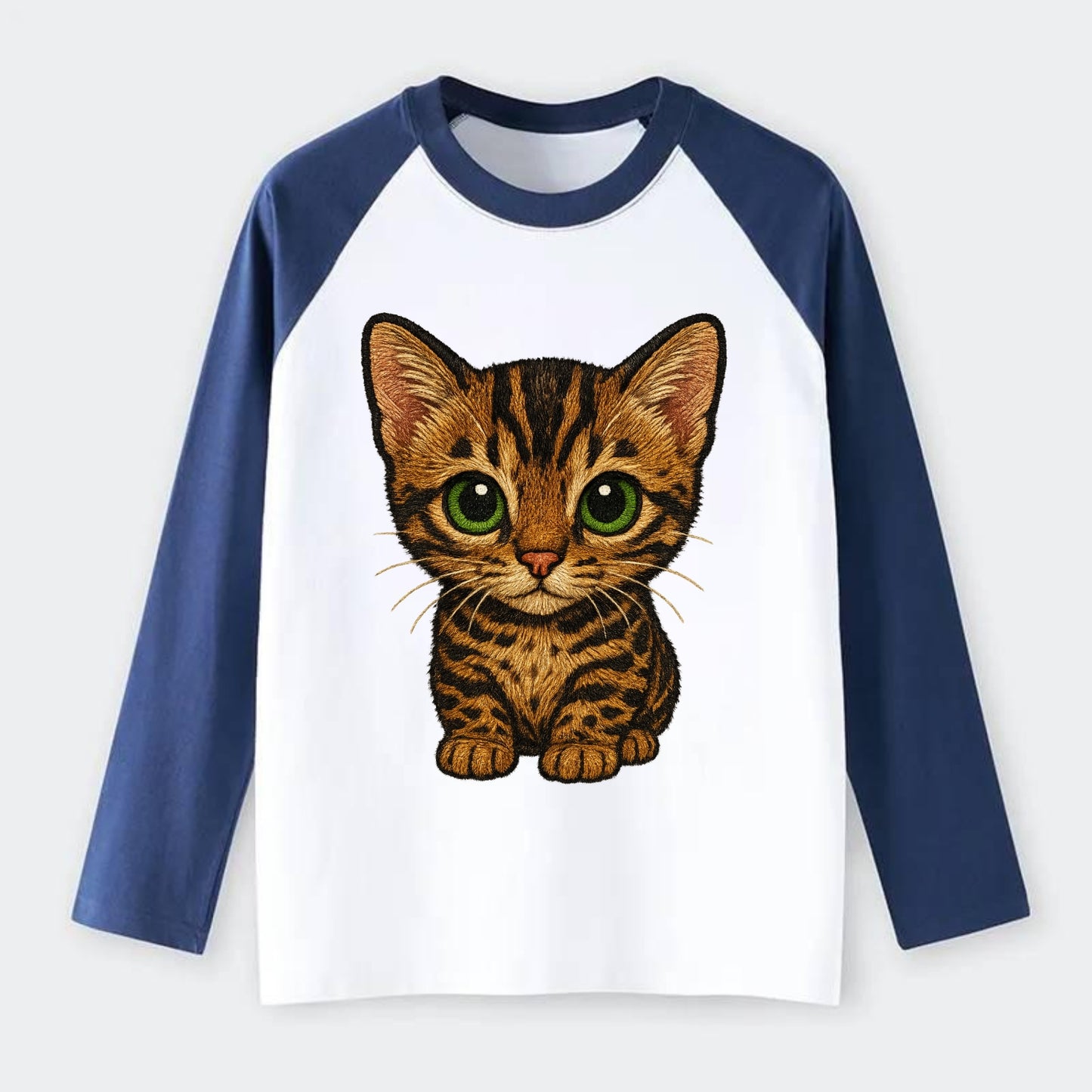 Baby Bengal Kitten - spotted/marbled wild coat, green eyes, athletic - Raglan Long Sleeve T-Shirt - Blue
