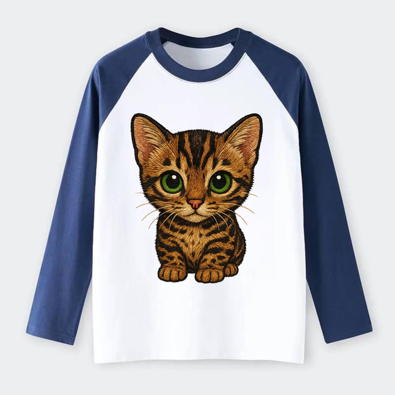 Baby Bengal Kitten - spotted/marbled wild coat, green eyes, athletic - Raglan Long Sleeve T-Shirt - Blue